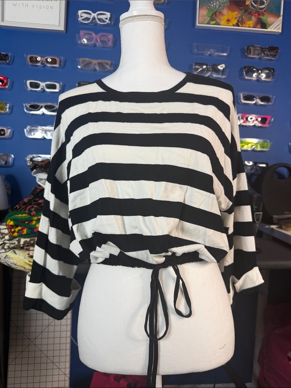 Women's Black and White Striped Drawstring Crop Top